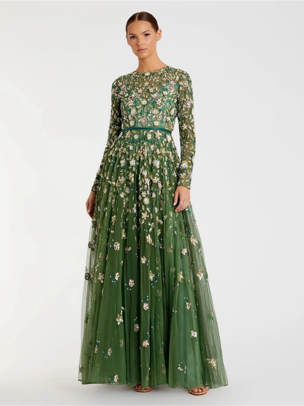 Mac Duggal Green Embellished High Neck Long Sleeve A Line Gown